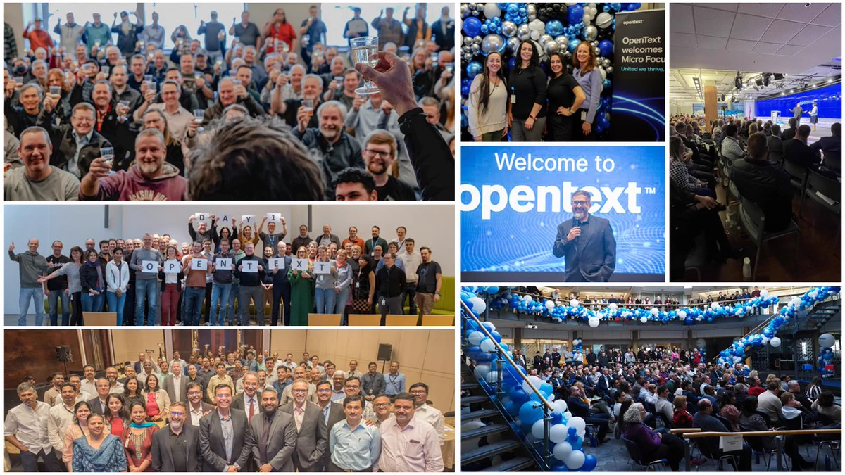 Image collage of OpenText and Micro Focus colleagues coming together in different offices from around the world and celebrating.