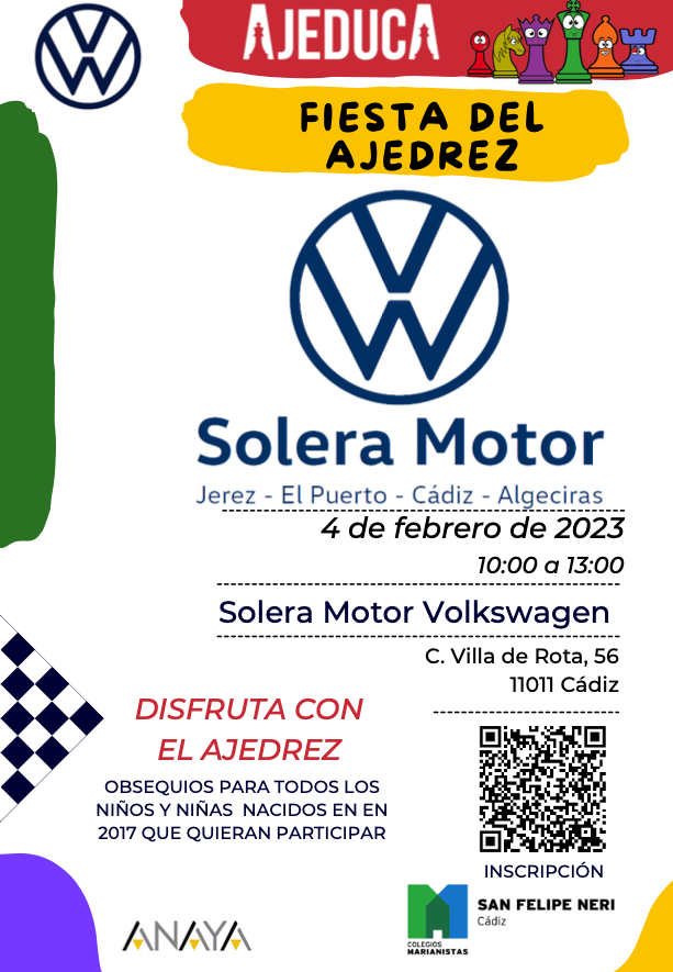 SoleraMotorVW's tweet photo. Este fin de semana celebramos en las instalaciones de Solera Motor Volkswagen en Cádiz "La fiesta del Ajedrez" ♟.

Disfruta con el ajedrez el 4 de febrero de 10:00 a 13:00, ¡os invitamos a participar! 🙌🏻
#SoleraVW #VWCádiz #ajedrez #anaya https://t.co/xdlP774KR5