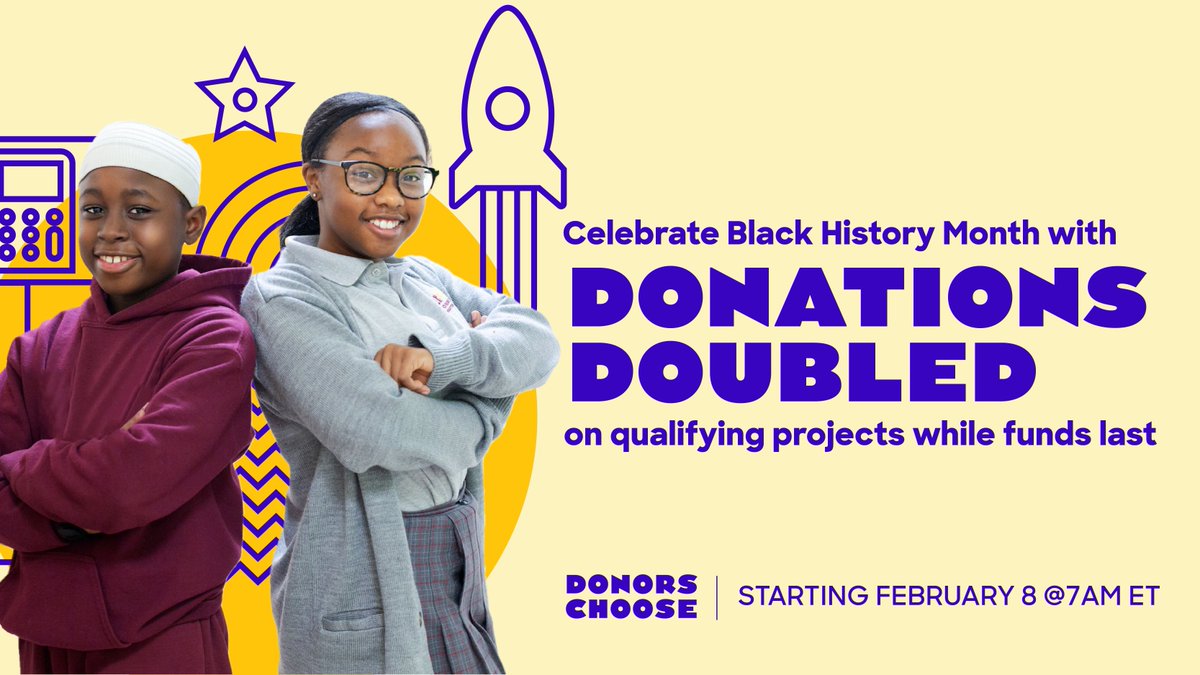 📆 Teachers: Save the Date 📆
 
On February 8, <a href="/DonorsChoose/">DonorsChoose</a> is celebrating #BlackHistoryMonth by doubling donations on every project by black teachers and teachers at schools where most students are Black. 

Find out if you qualify and post a project! bit.ly/donorschoosebhm