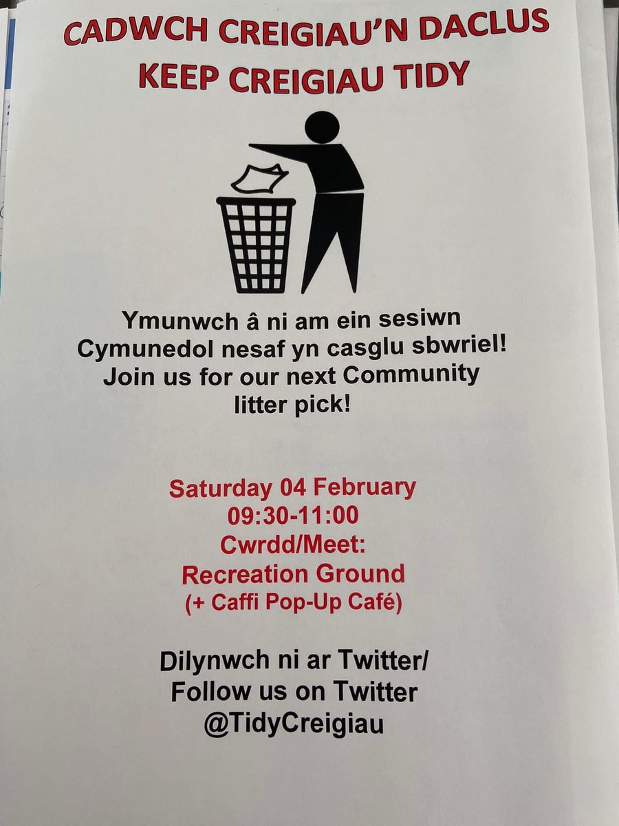 Please join us for the <a href="/TidyCreigiau/">Keep Creigiau Tidy</a> litter pick on Saturday 4 Feb at 9:30. Meet up at the Rec.
Equipment provided, enthusiasm required. Dress for the weather, boots / wellies.
90 minutes of giving something back to our village and community. Great example to the children.