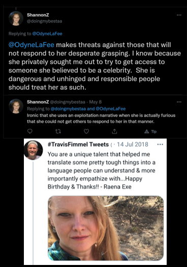 TFScamAlerts1's tweet photo. @EricPickle8 @Odyne_LaFee She is obsessed with celebrities and getting in contact with them. When they don't reciprocate, she targets them for stalking and harassment. Like writing books about killing them for fun. Now she is mad that her job fired her for stalking celebrities on Twitter. https://t.co/JaoBHh98uT