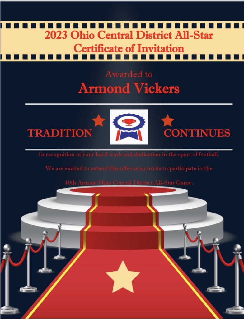 CoachJumbo72's tweet photo. @Armondvickers Congratulations on being selected to participate in the 40th Anniversary of The Ohio Central District Allstar Football Game in June 2023. Please use the link to register to reserve a roster spot. Thank you and Job well done.

https://t.co/lE5K8j4aQW https://t.co/KChwyQIPYD