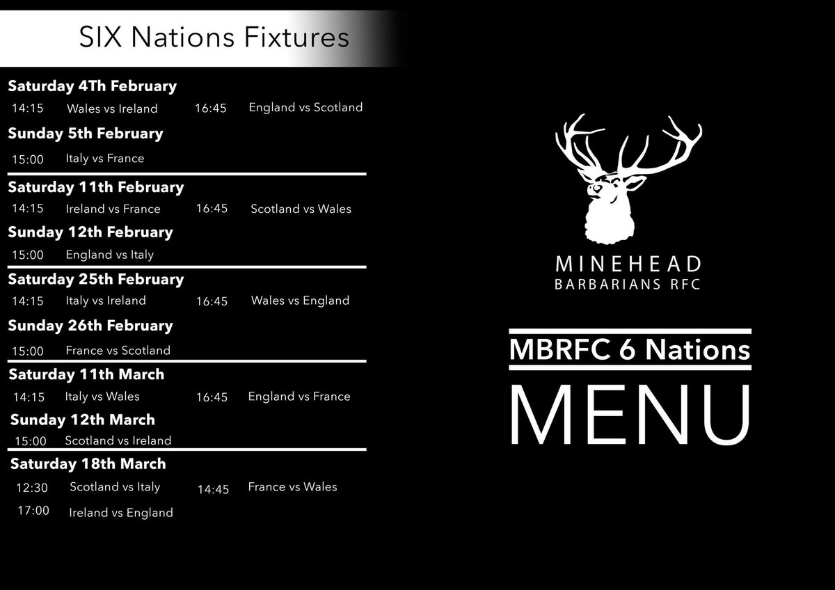 MineheadRfc's tweet image. ⚪️⚫️🏉6 Nations Menu⚪️⚫️🏉

Feast your 👀 on this beaut! 
Becky our club manager has put together a fab menu for the the 6 nations! We’ll be showing live Rugby throughout,kitchen and bar open 
Members , Non members &amp;amp; families alike! #mineheadbarbarians #rugby #sixnations