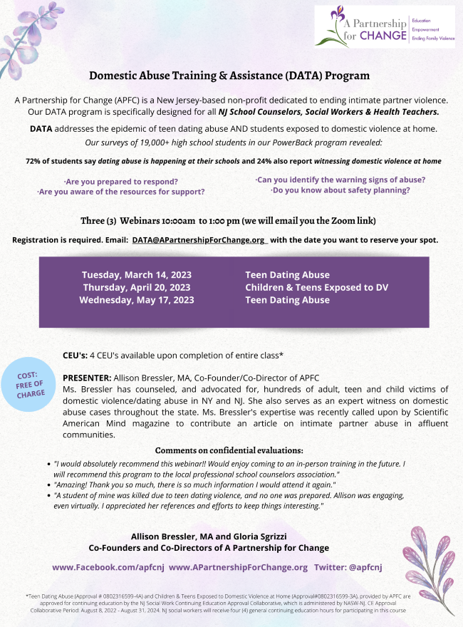 apfcnj's tweet image. February is Teen Dating Violence Awareness month. If you are a NJ based school counselor or health education teacher, register now for our free training on teen dating abuse. Email Data@APartnershipforChange.org to reserve your spot.
#tdvam2023 #BeAboutIt #DVFacts