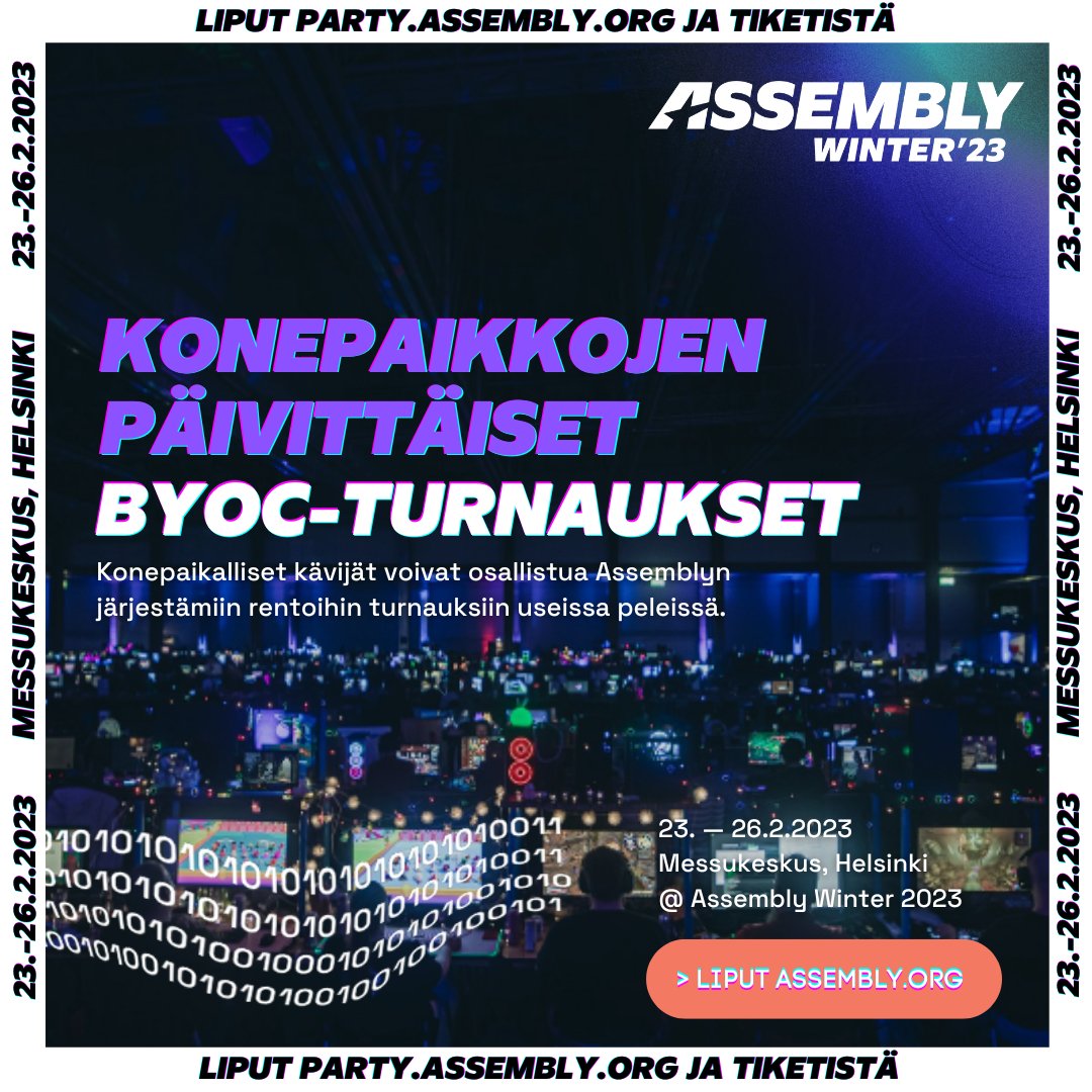 🖥BYOC-turnauksia järjestetään Assembly Winter'23 -tapahtumassa seuraavissa peleissä:

✅Overwatch 2
✅Valorant
✅Rocket League
✅CS:GO
✅Minecraft
✅League Of Legends

🎁Palkintoina mm. lahjakortteja ja lippuja Summereille!

Lue lisää
party.assembly.org/fi/winter23/pr…

#assemblywinter2023