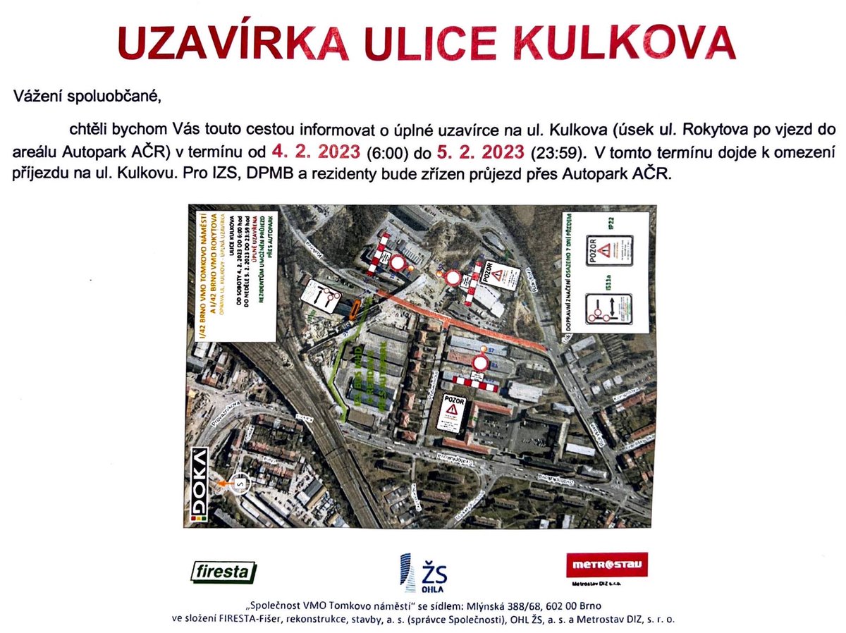 Fastercz's tweet photo. Milí zákazníci,

je tu další uzavírka související s pracemi VMO Tomkovo náměstí, ale naštěstí jen tyto dva dny o víkendu 4-5.2. 

Přikládáme objízdnou trasu a doporučujeme, abyste si pro Vaše preventivní zásahy v datacentru vybrali jiný termín, ať Vám uzavírka nekazí krásné dny😁 https://t.co/Ip7CFVgEpR