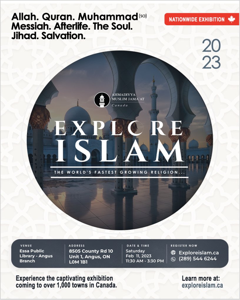 Brampton Flowertown will be organizing an Angus #ExploreIslam Exhibition at Essa Public Library - Angus Branch next Saturday, February 11th at 11:30 am!

We look forward to welcome media, churches, government officials and the amazing people of #Angus, ON
