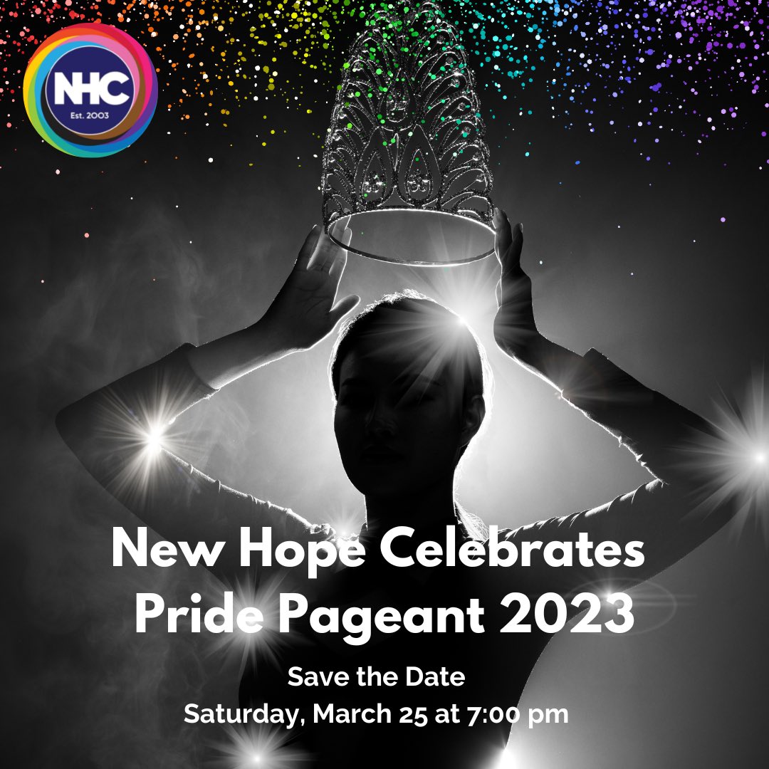 nhcelebrates's tweet photo. Guess what's coming back this year?! Save the date for our 2023 #PridePageant at @TheaterBCP on 3/25 👑 This pageant will showcase the area’s top drag talent as they compete in several categories 🎤 More details, coming soon! #NewHopeCelebrates #Fundraiser #DragRoyalty https://t.co/JsKu4qiKza
