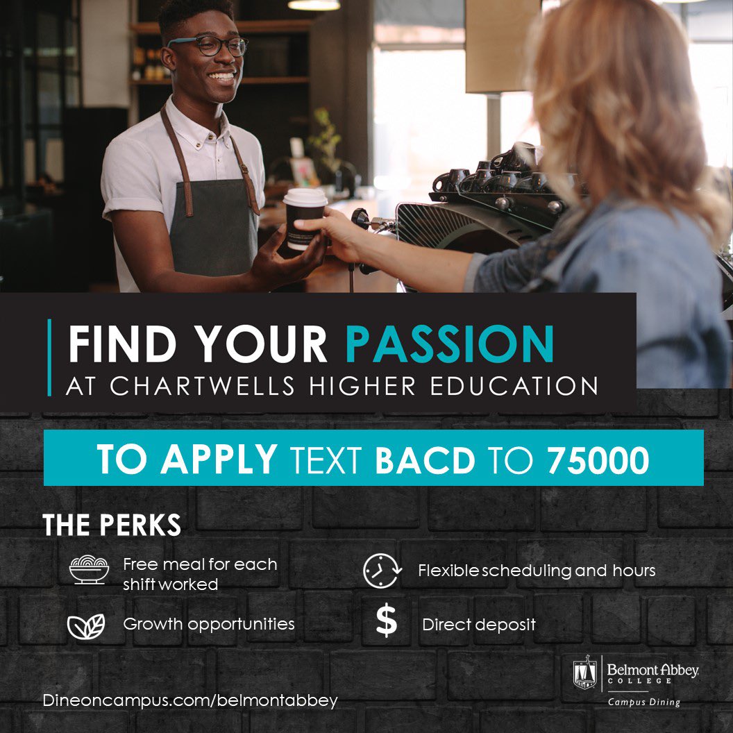 Looking for some extra 💴money💰 this semester?  Join the dining team!

A simple text of BACD to 75000 can get you on your way to some of that extra cash! 

Multiple shifts available and students are encouraged to apply!

#hiring #hiringnow