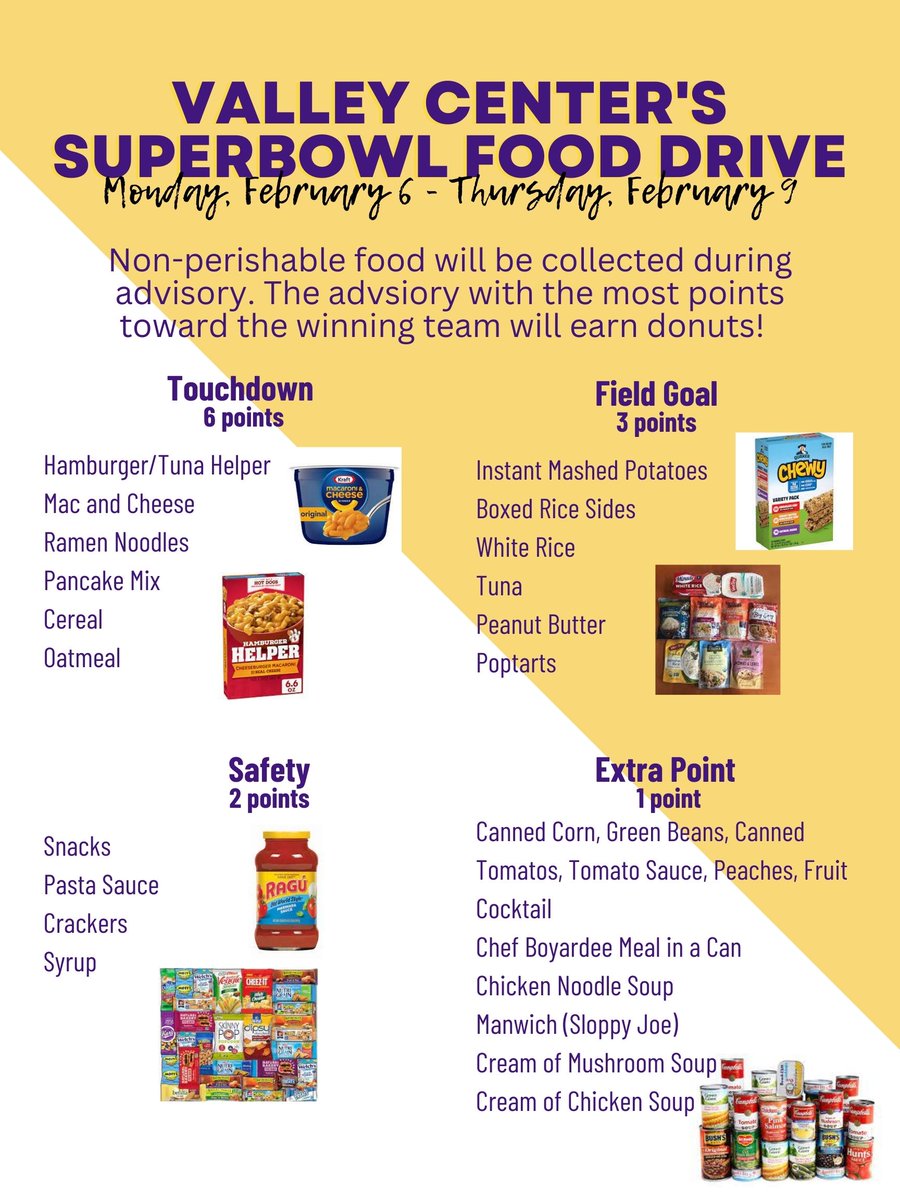 VCHS Food Drive will take place February 6-February 9. Students will give points to their team based on food they bring. The advisory with the most points toward the winning team gets donuts!