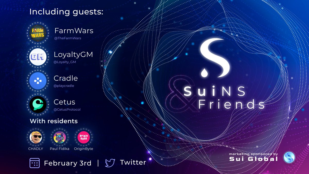 Monad Pump (@monadpump) on Twitter photo 🔔Join <a href="/SuiNSdapp/">Sui Name Service (SuiNS)</a> & Friends upcoming Space with
Special guests:
<a href="/CetusProtocol/">Cetus🐳</a>
<a href="/playcradle/">Cradle (now Stardust UA)</a>
@Loyalty_GM
<a href="/TheFarmWars/">leeroy _az</a>
and residents:
@chadsgarrett <a href="/PaulFidika/">Paul Fidika</a> <a href="/Origin_Byte/">OriginByte</a>
👉x.com/i/spaces/1mnxe…
⏰February 3rd 🔔Join <a href="/SuiNSdapp/">Sui Name Service (SuiNS)</a> & Friends upcoming Space with
Special guests:
<a href="/CetusProtocol/">Cetus🐳</a>
<a href="/playcradle/">Cradle (now Stardust UA)</a>
@Loyalty_GM
<a href="/TheFarmWars/">leeroy _az</a>
and residents:
@chadsgarrett <a href="/PaulFidika/">Paul Fidika</a> <a href="/Origin_Byte/">OriginByte</a>
👉x.com/i/spaces/1mnxe…
⏰February 3rd