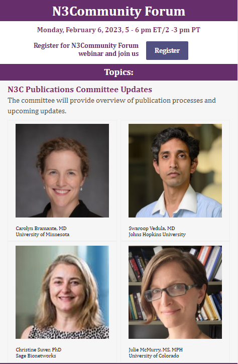 data2health's tweet photo. #N3CommunityForum
Join us on Monday, February 6th at 5pm ET / 2pm PT with the N3C Publications Committee.
Register for the webinar at https://t.co/PSmH9pmeo1
#webinar
#CD2H #N3C #COVID #COVID19 #Publications #Manuscripts https://t.co/Rl33wztYCd