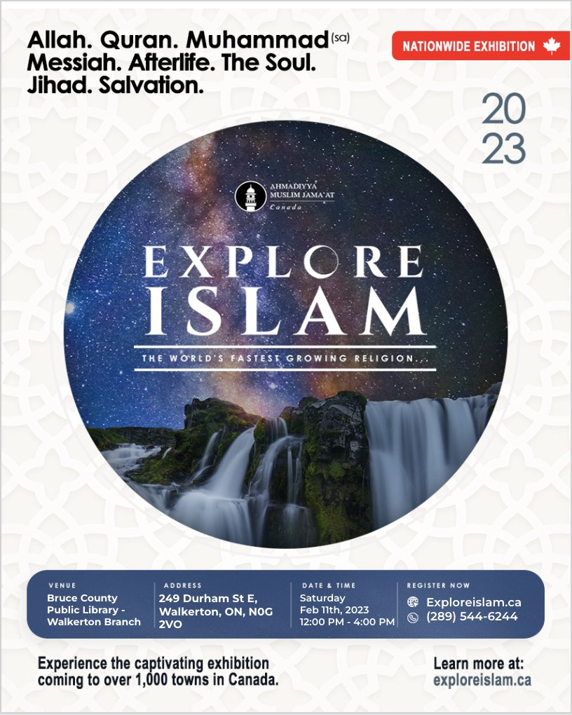 Brampton Flowertown will be organizing a Walkerton #ExploreIslam Exhibition at Bruce County Public Library - Walkerton Branch next Saturday, February 11th at 12 noon!

We look forward to welcome media, churches, government officials and the amazing people of #Walkerton, ON