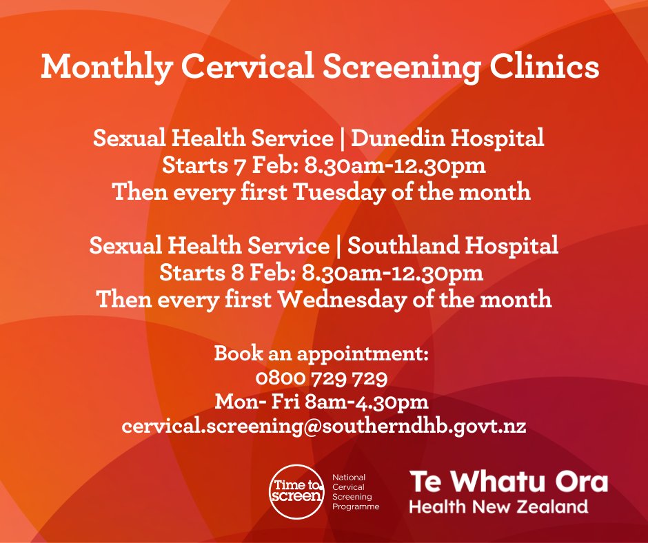 HNZSouthern's tweet photo. You can now get your free screening done at the Cervical Screening Clinics at the Sexual Health Service located at Dunedin Hospital and Southland Hospital starting next week.
Find out more about cervical screening: https://t.co/of8NaPpAI2
#TeWhatuOraSouthern #TimeToScreen https://t.co/6BIQ67uAnQ