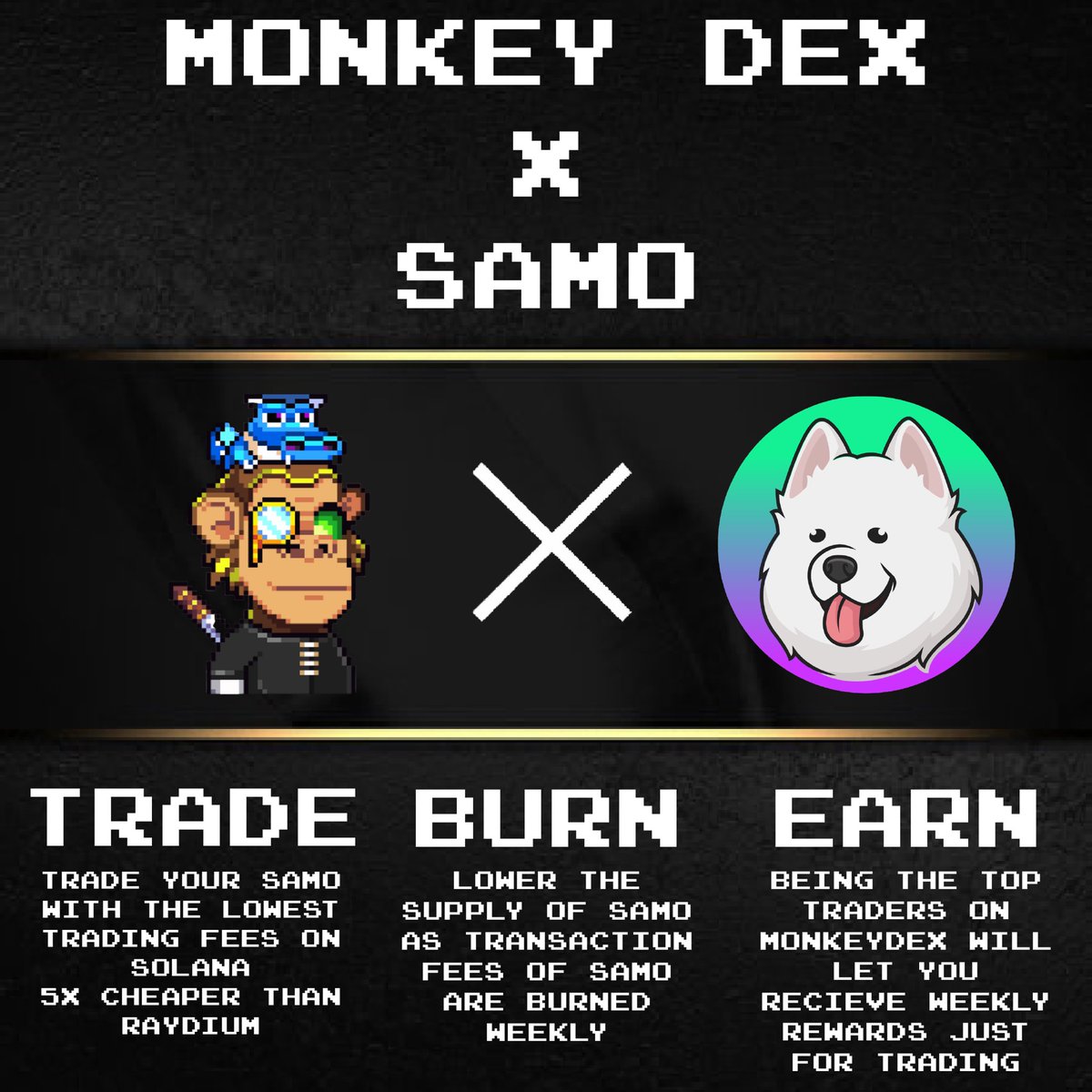 monkeygodlabs's tweet image. We won’t stop till we’ve taken over the Solana space.

Super excited to be partnering with @samoyedcoin 🤝🏽

We’ve built them their very own custom DEX, all $SAMO traded on the platform will be burnt. 

U STILL FADING THE MONKEY GOSPEL 🙏🏽 #MOGO 

samodex.monkeydex.xyz