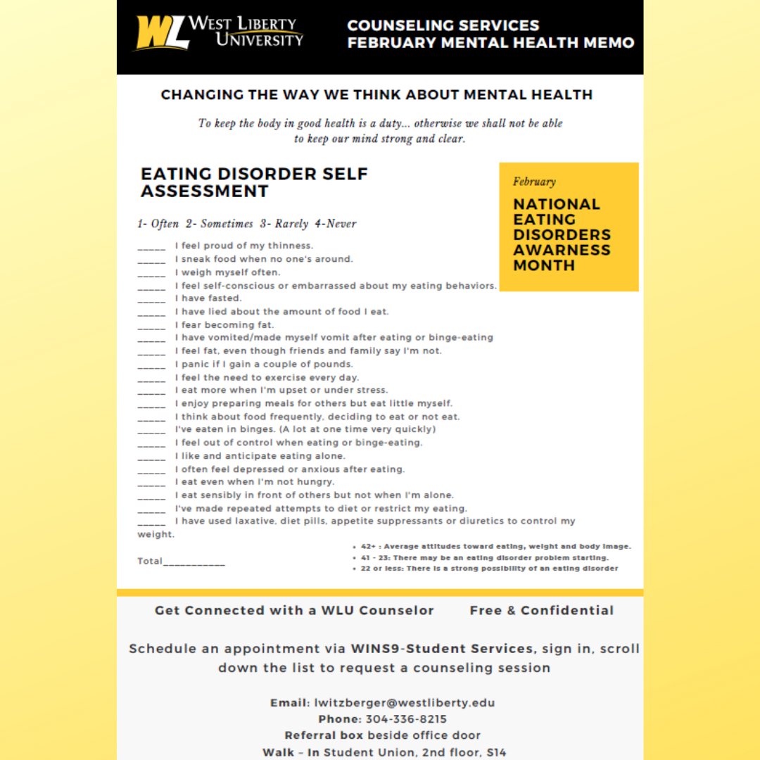 WLU_LSDC's tweet image. The February Mental Health memo from Counseling Services includes a self assessment.