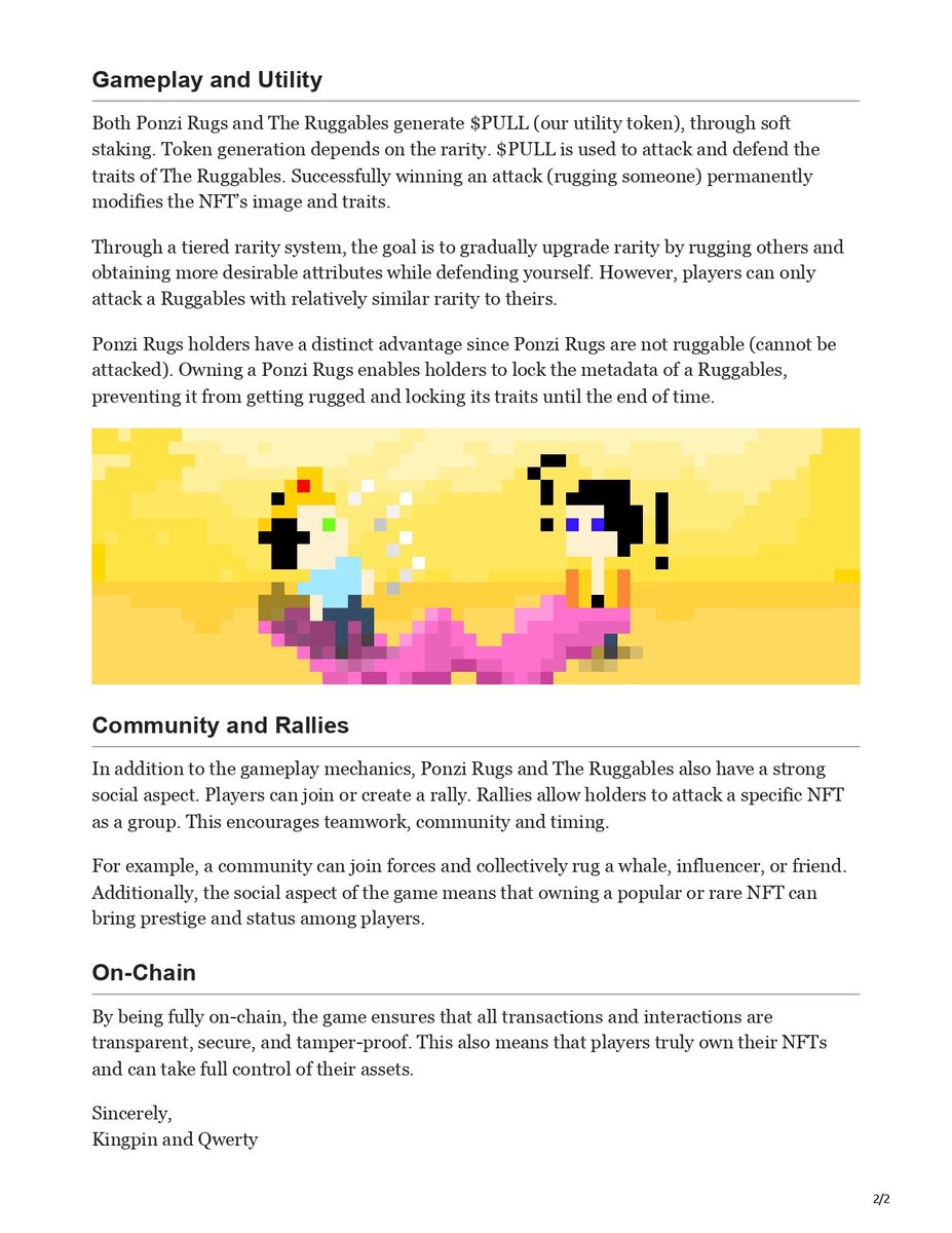 Play to rug on-chain. 

Use $PULL to attack or defend your traits; upgrade rarity by rugging others. 

Join a rally and win together. 

Welcome to <a href="/RuggablesNFT/">The Ruggables</a>.