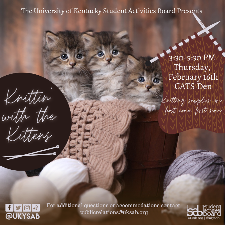 Begin knitting with kittens, discuss opportunities with the Knitting Club, and come to the Cats Den on February 16th from 3:30-5:30 pm!😻🧶🐈