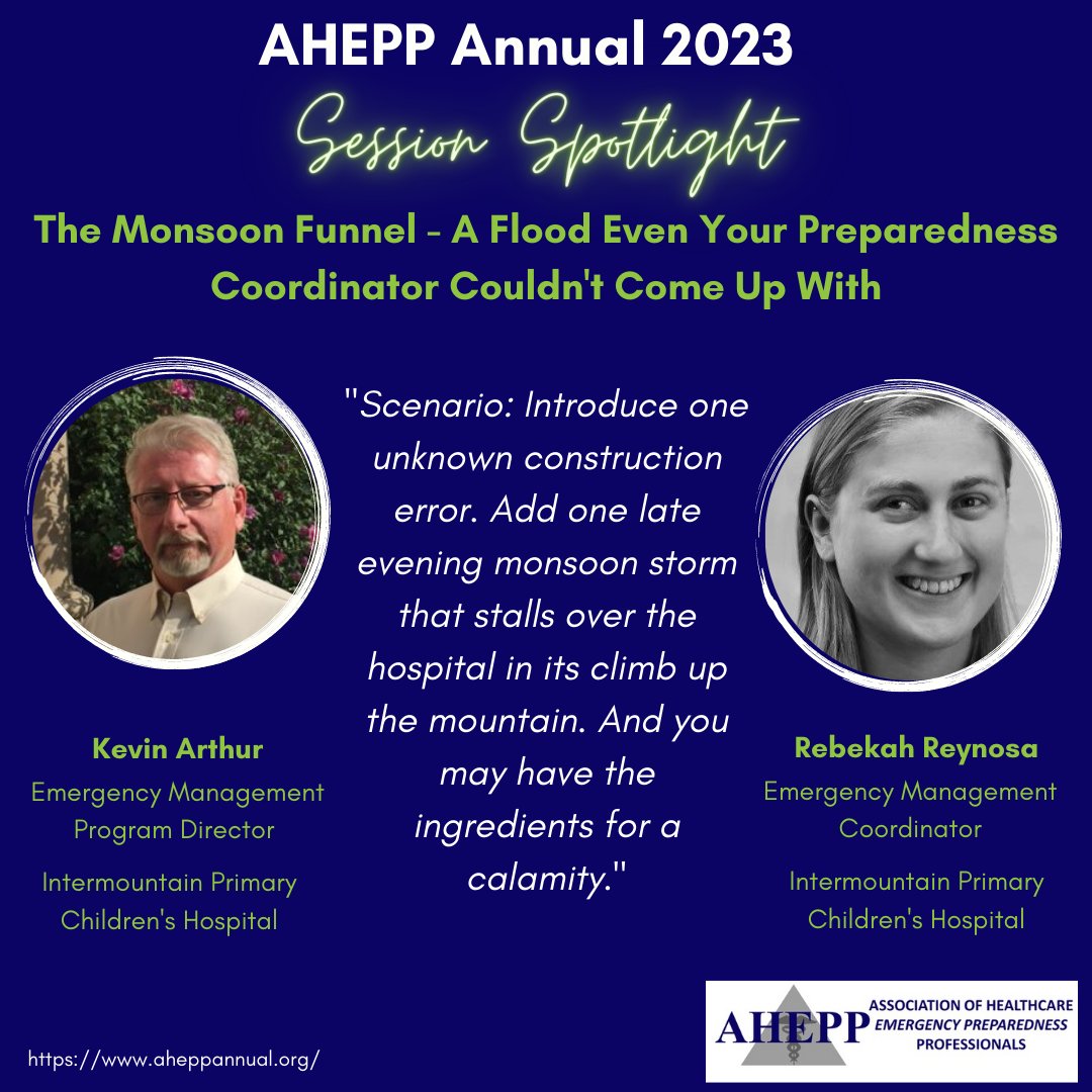 AHEPP1's tweet photo. In today's #AHEPP2023 Session Spotlight, we highlight a breakout session that will discuss a #flood that even your #preparedness coordinator couldn't come up with! Visit the link below to learn more! #MovingPreparednessForward #healthcare #education https://t.co/Khnljvq3a2 https://t.co/HdSqvPUAqw