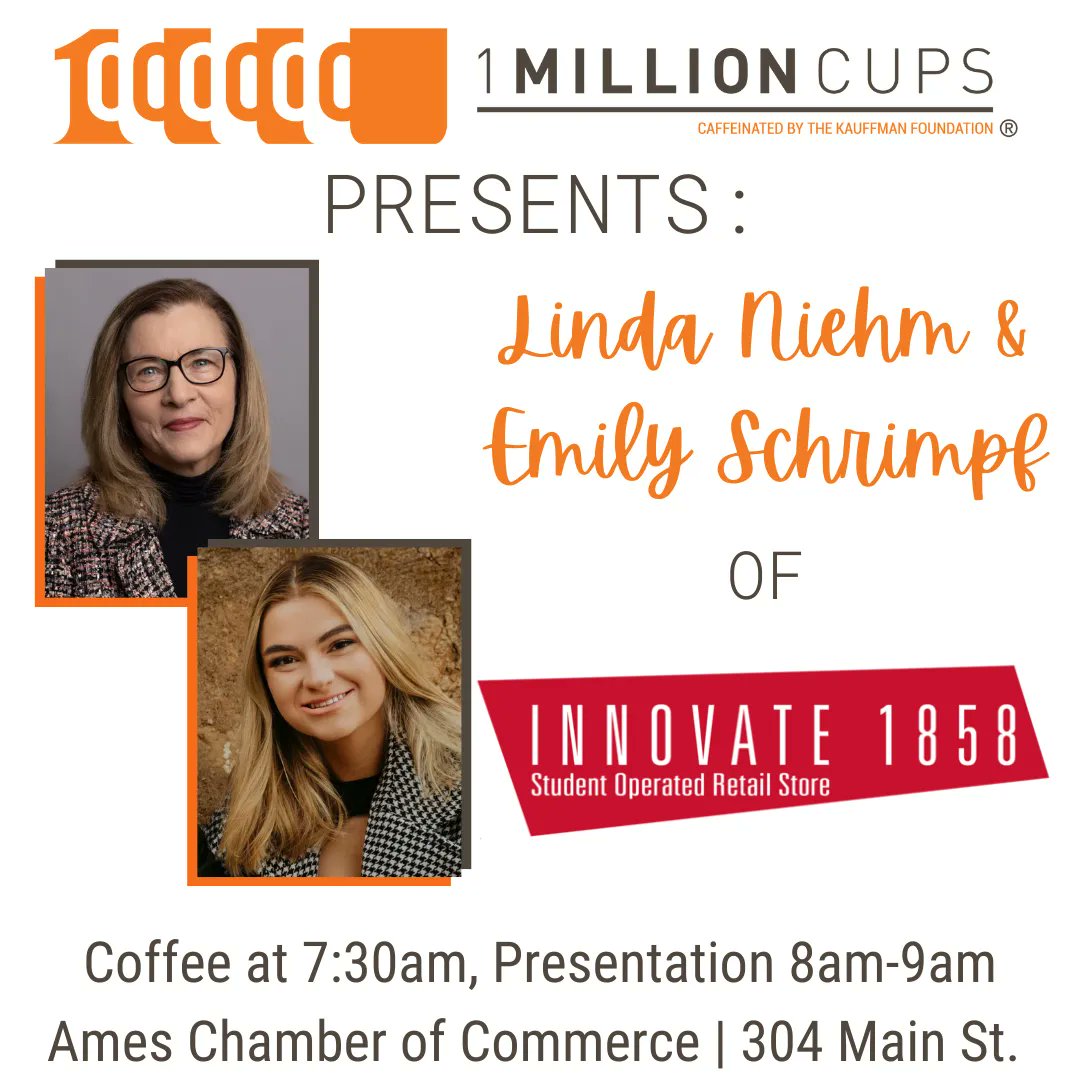 1MCAMES's tweet photo. Join us Wednesday, February 8, 8-9 AM for a discussion with Linda Niehm and Emily Schrimpf of Innovate 1858. Coffee starts at 7:30! ☕
➡️ Joining in person? Head to the Ames Chamber of Commerce, 304 Main St💡
➡️ Joining online? Join the Facebook Live! 📹
#1mcmidwest #1MCAmes https://t.co/YJ6KAXWChj