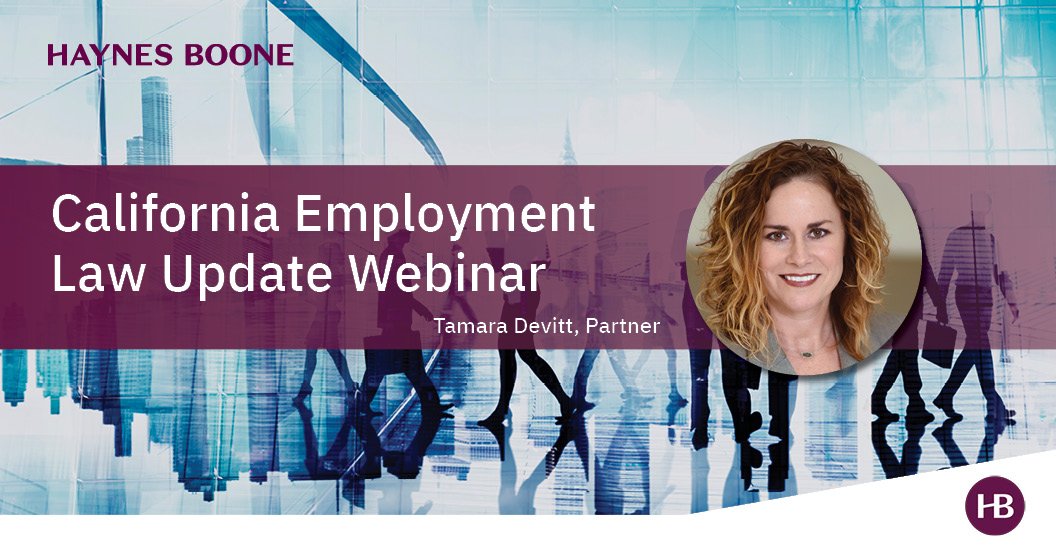 haynesboone's tweet image. Join #HaynesBoone #EmploymentLaw Partner Tamara Devitt on Feb. 9 for a webinar on the latest California #WorkplaceLaws, including:
✔️#WageAndHour issues
✔️#COVID19 safety
✔️Disability accommodations
✔️Antidiscrimination laws
Register here: hbllp.co/68/1740/landin…