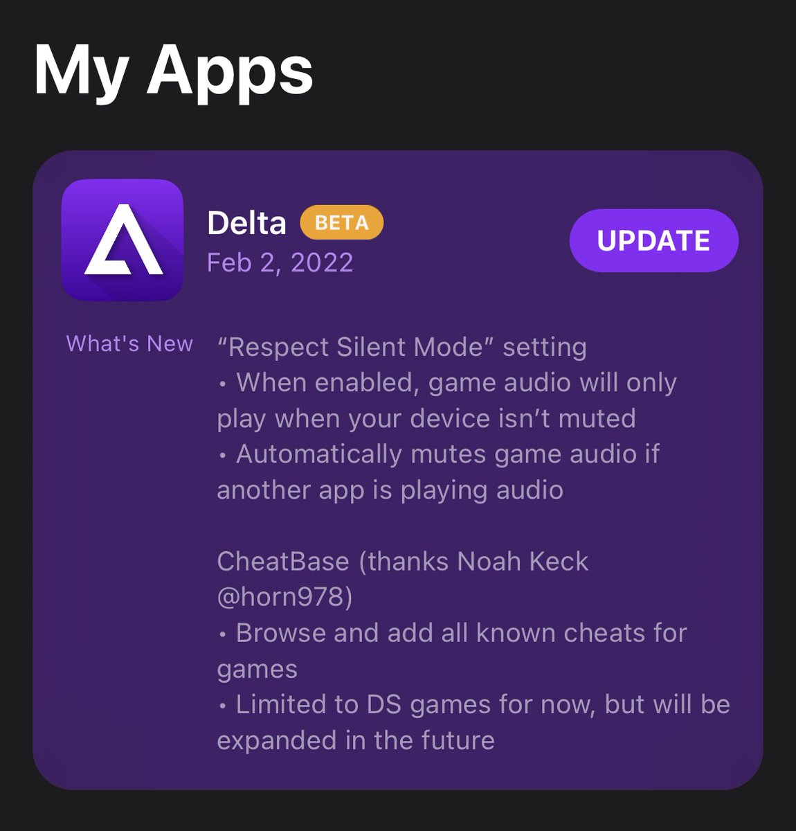 altstoreio's tweet photo. Delta 1.4b5 is now available for all Patrons!

This beta includes several great new features:

👾 Integrated ‘CheatBase’ (thanks @horn978!)
🔕 “Respect Silent Mode” setting
🎶 Auto-mute game audio when music is playing

Read more on our Patreon: https://t.co/tGXEsedI2R https://t.co/qzLdEEEJEO