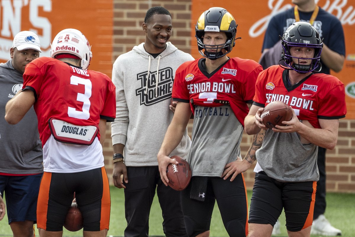 Fanteractive's tweet photo. What's up with the quarterback position?
Check out Tyson Bagent from Shepherd!!  The Division II star has some interesting traits mixed with solid arm strength. 
#Seniorbowl2023 #SeniorbowlPractice #NFLDraft2023 #TysonBagent https://t.co/1idkPRdCW0
