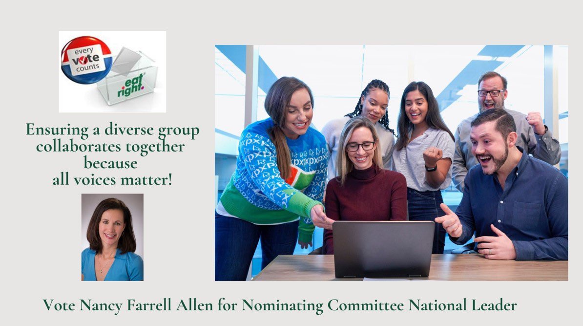 Voting on the #eatrightpro ballot has begun. I’ll work to help make leadership opportunities accessible to interested members. To slate a diverse group of members that will represent varied backgrounds, gender, age, and skill sets to serve all Academy members for the future.