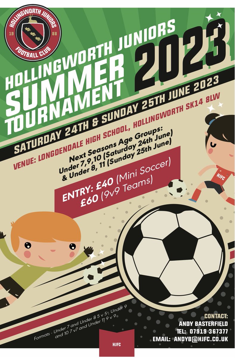 FCHollingworth's tweet photo. Pleased to announce this years @FCHollingworth Summer Tournament. #grassrootsfootball @TamesideSN @EMJFL @highpeakjfl @LHS_HighSchool @Longdendale_PE @Manchester_FA @FunFootballUK @newsintameside @newsinglossop @active_tameside @Teamgrassroots_ https://t.co/ufY0BMpOuo