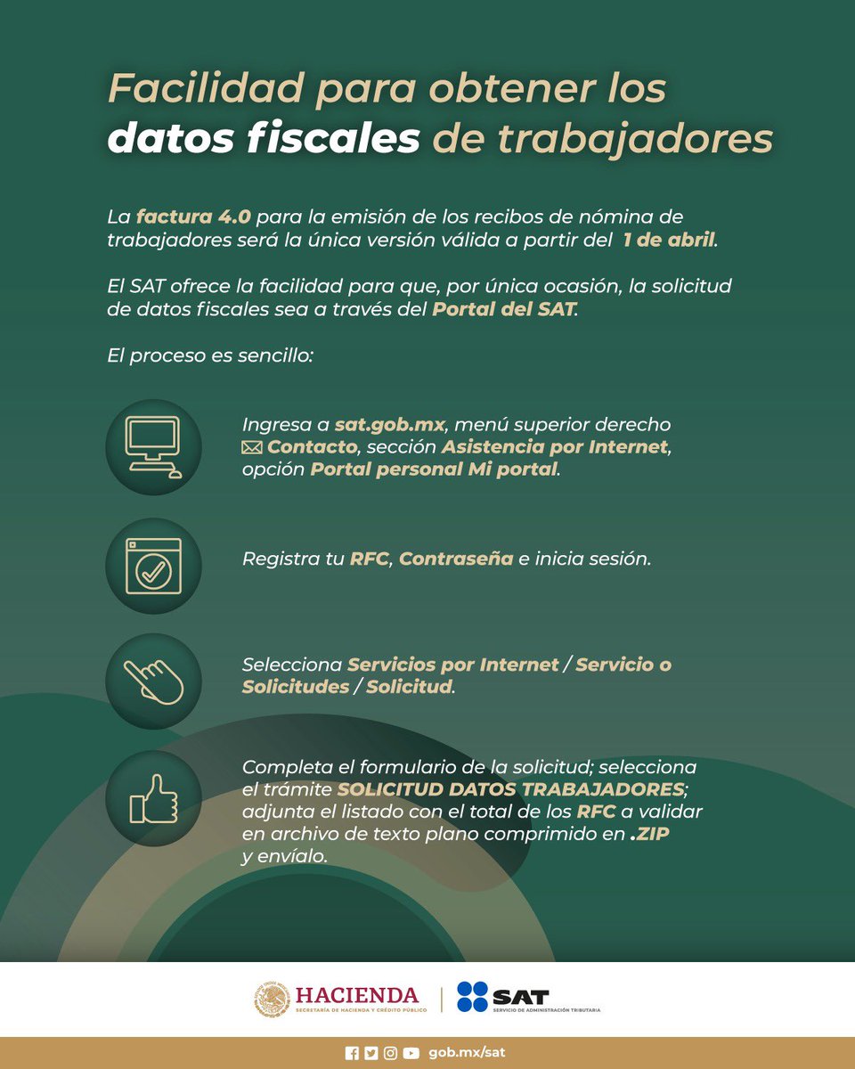 SATMX's tweet photo. ¿Emites recibos de nómina?
El SAT te ofrece la facilidad para validar los datos fiscales de tus trabajadores en el Portal del SAT. Consulta el tutorial aquí: https://t.co/X7NlzGrq1E

Tienes hasta el 31 de marzo. https://t.co/zUQQvdibhf