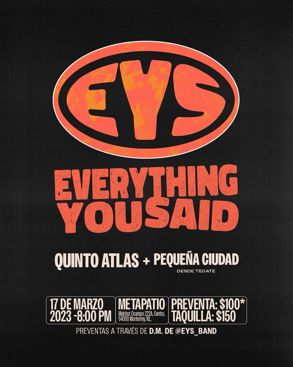 HeavyNews_'s tweet photo. ¡@EYSband anuncia show en #Monterrey! 🤘🎸

La banda de pop punk se presentará el 17 de Marzo en #Metapatio y prometen que será una noche ÚNICA y especial para recordar.

Compartirán escenario con @QuintoAtlas y con #PequeñaCiudad. 🫂

Preventas a través de sus redes sociales. 🎫 https://t.co/4vi4a8zjig