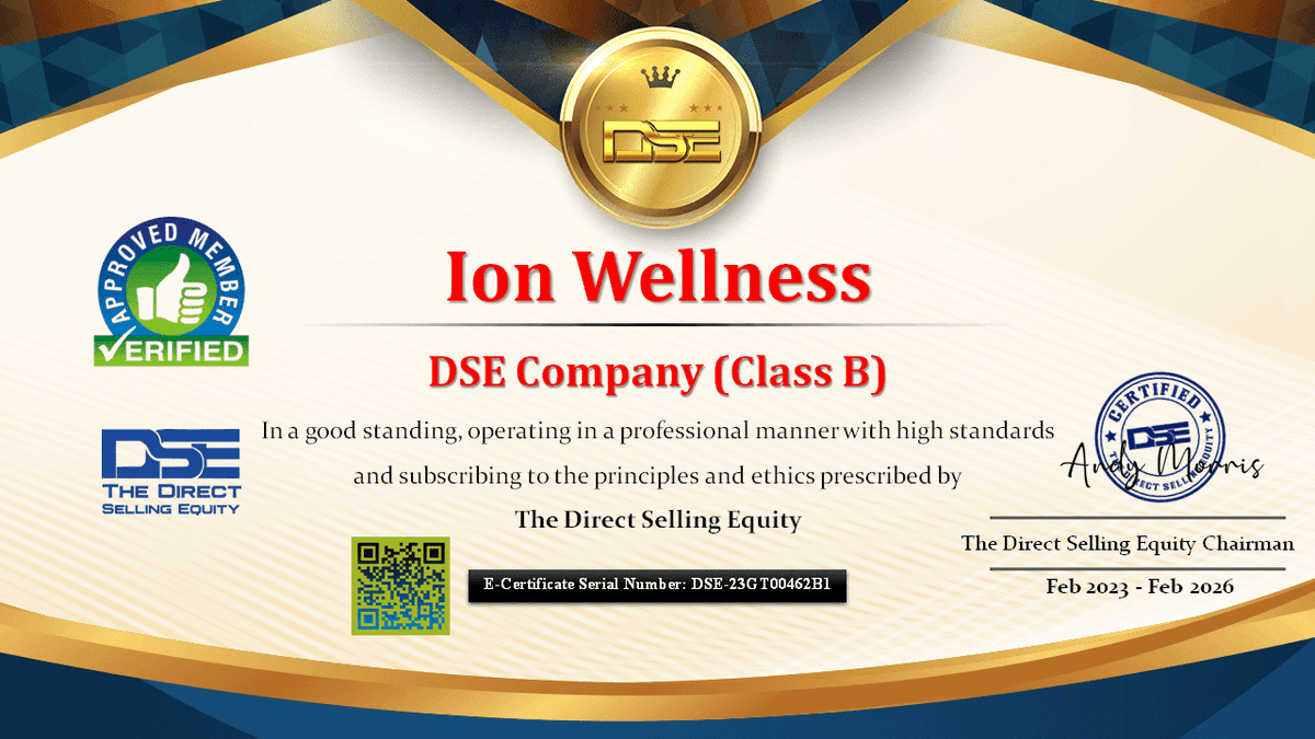DSellingequity's tweet photo. ION WELLNESS is Listed now on the DirectSellingEquity Directory at https://t.co/f83q7Ki1O3
Certificate valid for 3 Years 👍
Congratulations
@IonWellness @MyIonWellness
.
.
#ionwellness #MyIonWellness  #Networkers #Affiliates #Distributors #Entrepreneurs #DSE #DirectSellingEquity https://t.co/Nslvb0mDyV