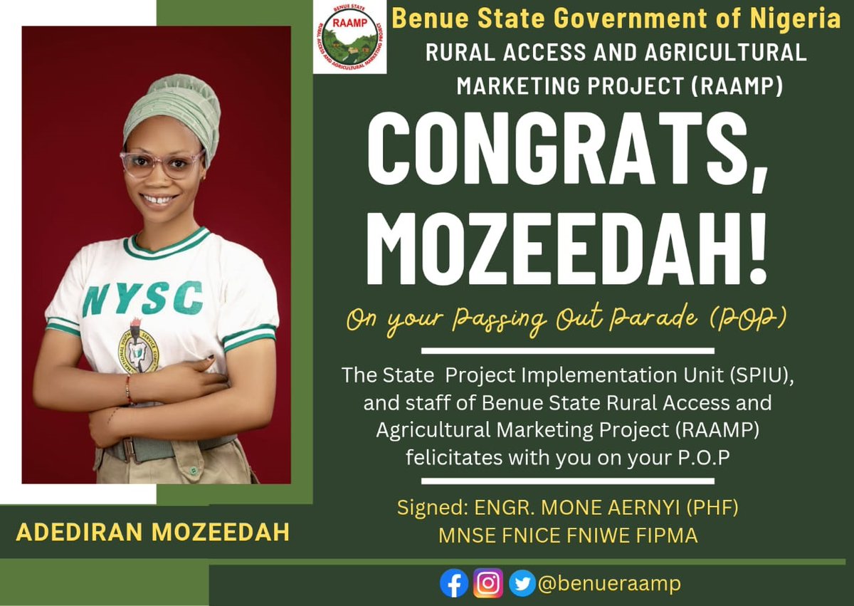 BenueRaamp's tweet photo. Dear Mozeedah Adediran,
You have gallantly served your Fatherland and the good people of Benue State. With boundless hearts of joy, Benue RAAMP felicitates with you on the occasion of your Passing Out Parade.
Congratulations from all of us at Benue RAAMP. https://t.co/CP4PO1nnTd