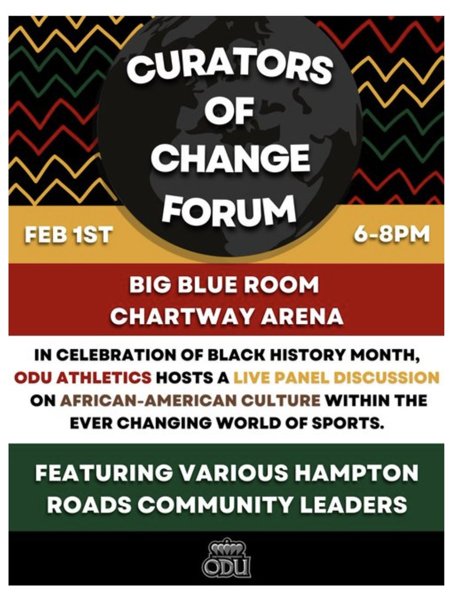 loveimoben's tweet photo. Black History Month @ ODU will kick off with “Curators for Change,” a panel discussion on African Amer. culture in sports ft. community leaders &amp; Imo. We are very proud of Imo for representing in a manner to afford himself such an opportunity. @BishopLynch @CityofWylie 🙏🏾 #chosen https://t.co/auEYXm8Ru3