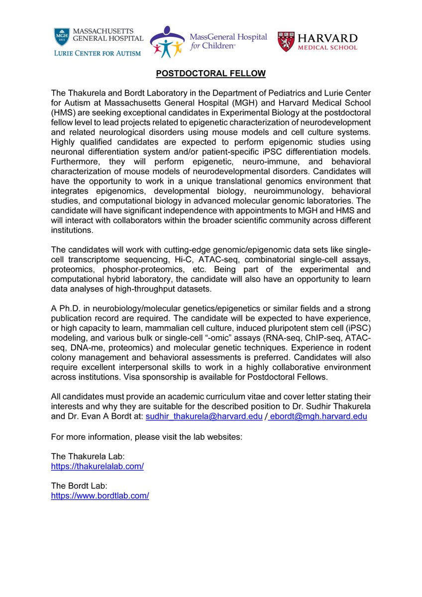 Plz RT!

The <a href="/evanbordt/">Evan Bordt</a> lab &amp; <a href="/ThakurelaLab/">Thakurela Lab at MGH (Hiring)</a> <a href="/MassGeneralNews/">MassGeneral News</a> &amp; <a href="/harvardmed/">Harvard Medical School</a> are accepting applications for postdoc position(s).

Experience in neurobiology/neurological disorders/epigenomics!

Email cover letter &amp; CV!

Details at:
bordtlab.com
thakurelalab.com