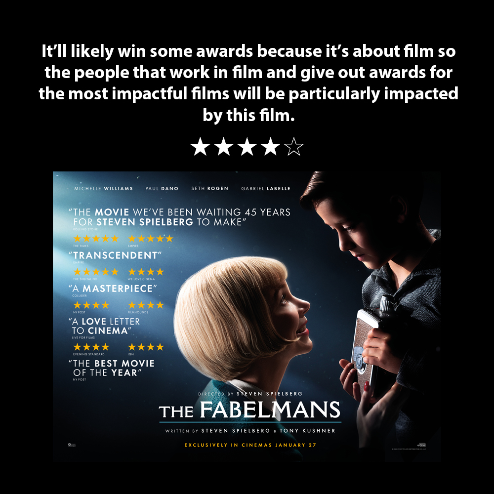MrJReviews's tweet photo. The Fabelmans - 'It’ll likely win some awards because it’s about film so the people that work in film and give out awards for the most impactful films will be particularly impacted by this film.' (4/5) https://t.co/mmxefCFGST