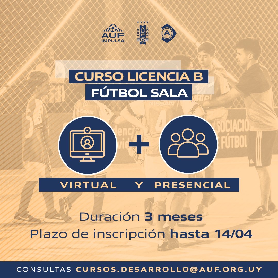 AUFimpulsa's tweet photo. ✍️ 𝑰𝑵𝑺𝑪𝑹𝑰𝑷𝑪𝑰𝑶𝑵𝑬𝑺

#AUFimpulsa realizará otra edición del Curso de Licencia B para entrenadores de Fútbol Sala. Esta licencia permite dirigir en juveniles y contribuye al crecimiento de la disciplina en Uruguay. 

ℹ️Conocé más e inscribite acá: https://t.co/8BfaVPyj8l https://t.co/o6b5XVlvgr