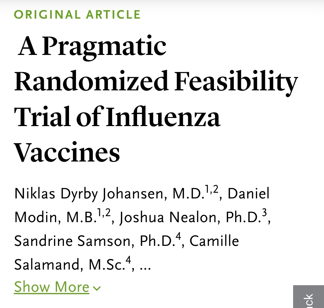 💉Influenzavaccine💉

Høj vs standard-dosis

🏥 Indlæggelse influenza eller lungebetændelse   
0,2 % mod 0,4 %

☠️Død af alle årsager
0,3 % mod 0,7 %

Nyt studie af @niklasdj1 og kollegaer fra bla @HGHHjerte i @NEJMEvidence 

📝evidence.nejm.org/doi/full/10.10…

#CardioTwitter #vaccine