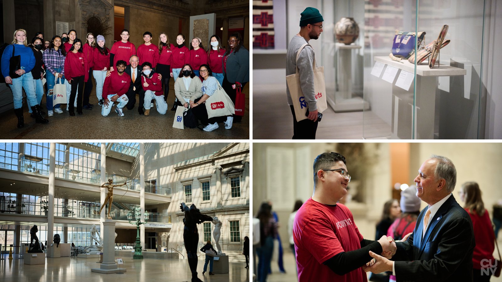 Four-image collage of CUNY students, CUNY Chancellor Félix Matos Rodríguez and art work at the Metropolitan Museum of Art.