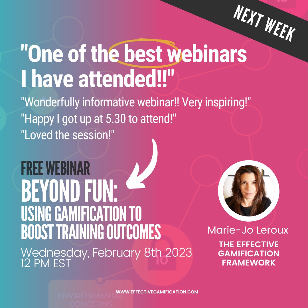 Free #webinar for #instructionaldesigners next week! 

Learn: 
- The ingredients of engagement that games use to transform newbies into experts.
- How to apply these tactics to your #elearning.

Register here: bit.ly/3wgwGuQ
#instructionaldesign