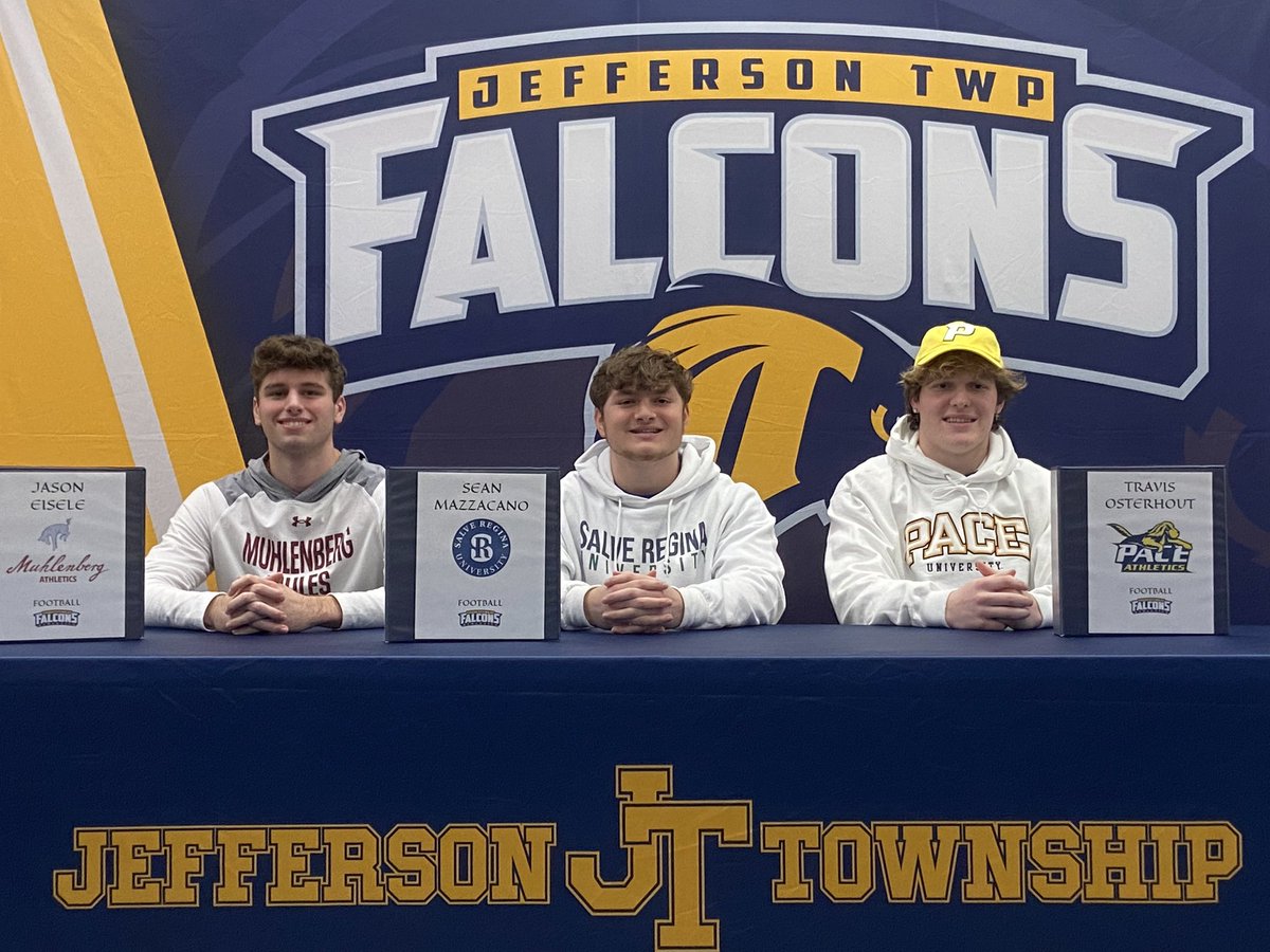 Congrats Jason Eisele-Muhlenberg, Sean Mazzacano-Salve Regina, and Travis Osterhout-Pace for signing their NLI to play football and continue their academic careers for the next 4. #NextLevel #JeffersonFootball