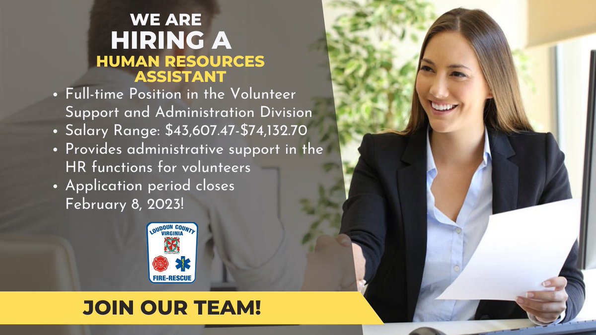 𝑳𝒐𝒖𝒅𝒐𝒖𝒏 𝑭𝒊𝒓𝒆 𝑹𝒆𝒔𝒄𝒖𝒆 (@loudounfire) on Twitter photo We are now hiring for a Human Resources Assistant in the LCFR Volunteer Support and Administration Division! Application period closes February 8, 2023.
Learn more and apply at bit.ly/40rqeyY
#NowHiring #HiringAlert #JobAlert #applynow #HR #HumanResources <a href="/Chief600KJ/">Keith Johnson</a> We are now hiring for a Human Resources Assistant in the LCFR Volunteer Support and Administration Division! Application period closes February 8, 2023.
Learn more and apply at bit.ly/40rqeyY
#NowHiring #HiringAlert #JobAlert #applynow #HR #HumanResources <a href="/Chief600KJ/">Keith Johnson</a>