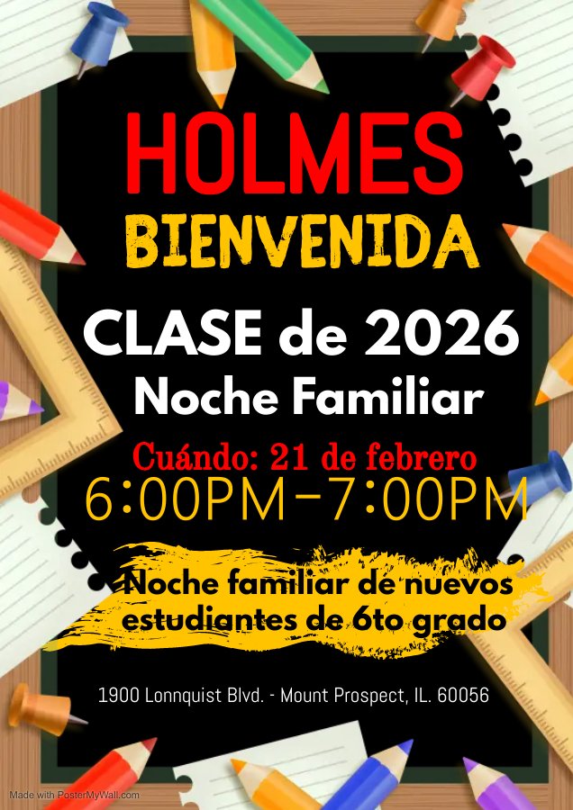 Incoming 6th grade families,
Please join us on Tuesday, February 21 for our incoming 6th grade family night. We look forward to meeting all of our future Holmes Hawks there.