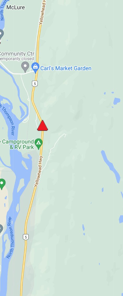 DriveBC's tweet photo. ⛔ CLOSED - #BCHwy5 Vehicle incident 5 km south of #McLure has the road closed in both directions. Crews are on scene. No detour is available. #Kamloops #BarriereBC

ℹ️ For more info:
https://t.co/e6V0WEhZhY https://t.co/odz8pbv1rK