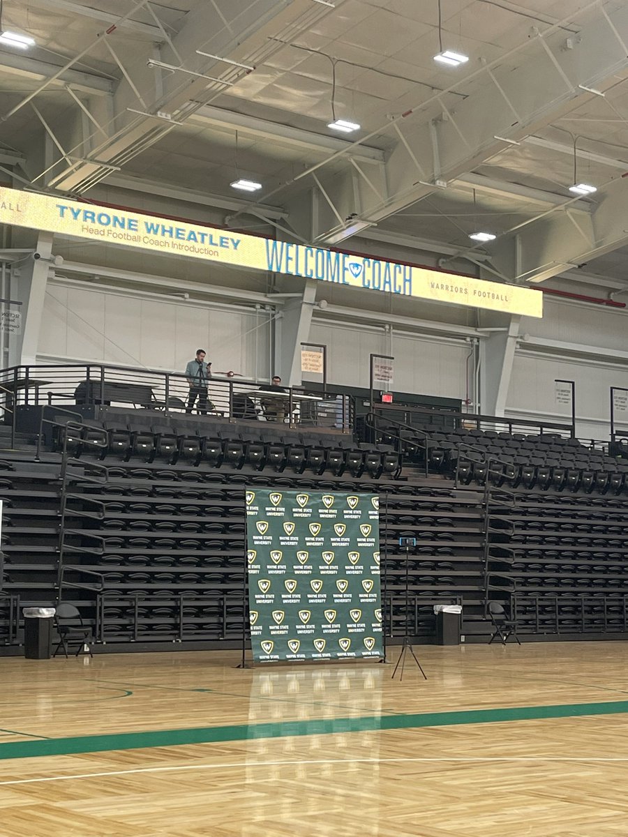 Wayne State is prepped to introduce Tyrone Wheatley as the new head coach of <a href="/WSUWarriorFB/">Wayne State Football</a>. Football team, band, and cheerleaders in attendance.