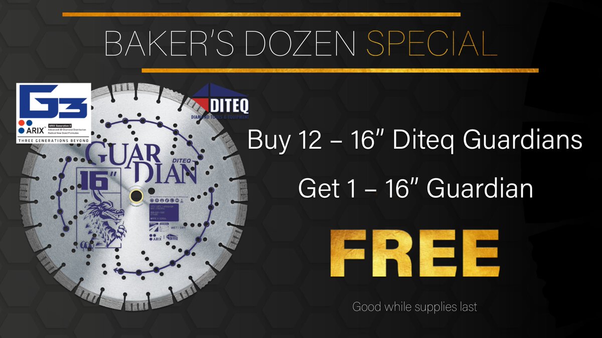 Star_Equipment's tweet photo. 📣BAKER'S DOZEN SPECIAL📣

👉Buy 12 - 16" Diteq Guardian diamond blades
👉Get 1  - 16" Diteq Guardian diamond blade FREE

Available at your Star Equipment branch. Good while supplies last.
#StarEquipment #StarSpecial #DiamondBlades https://t.co/gzPbvja5rP