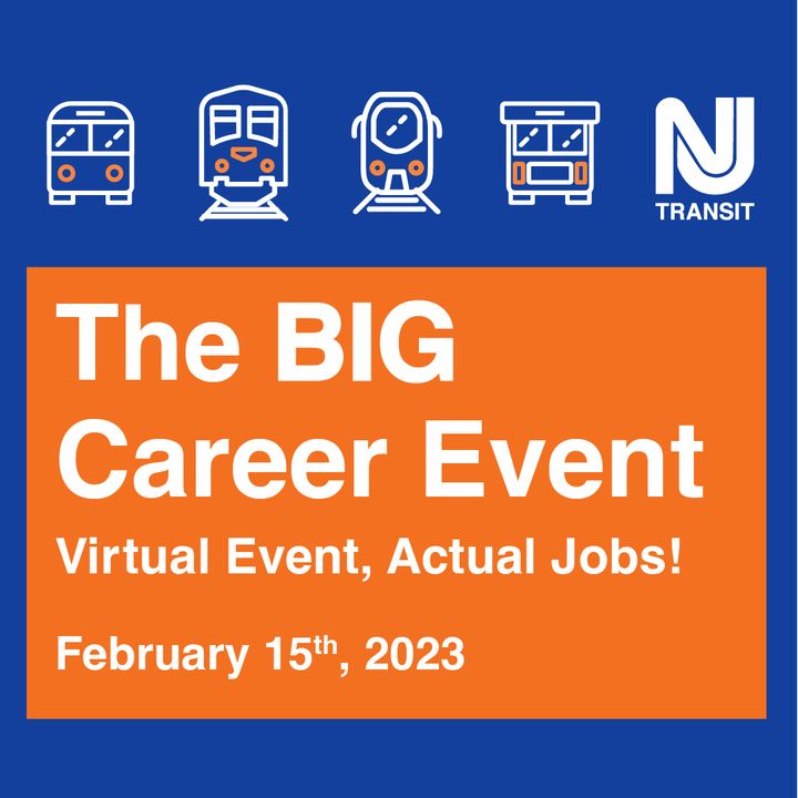 NJTRANSIT's tweet photo. Build your future with NJ TRANSIT! On Wednesday, February 15th, NJ TRANSIT will host its first-ever virtual job fair, known as the “The BIG Career Event". 
Register now at https://t.co/7fmRTcdNvj https://t.co/SqcS2My1x2