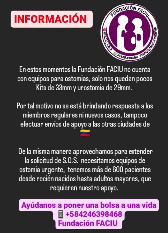 🚨 La <a href="/FaciuVzla/">Fundación FACIU</a> informa que en estos momentos no cuenta con equipos de ostomias y por tal motivo no están brindando respuestas.

Solicitan con urgencia equipos de ostomia para más de 600 pacientes, entre ellxs niñxs y adultos mayores.

Su historia👇🏿

codhez.org/nuestra-meta-e…