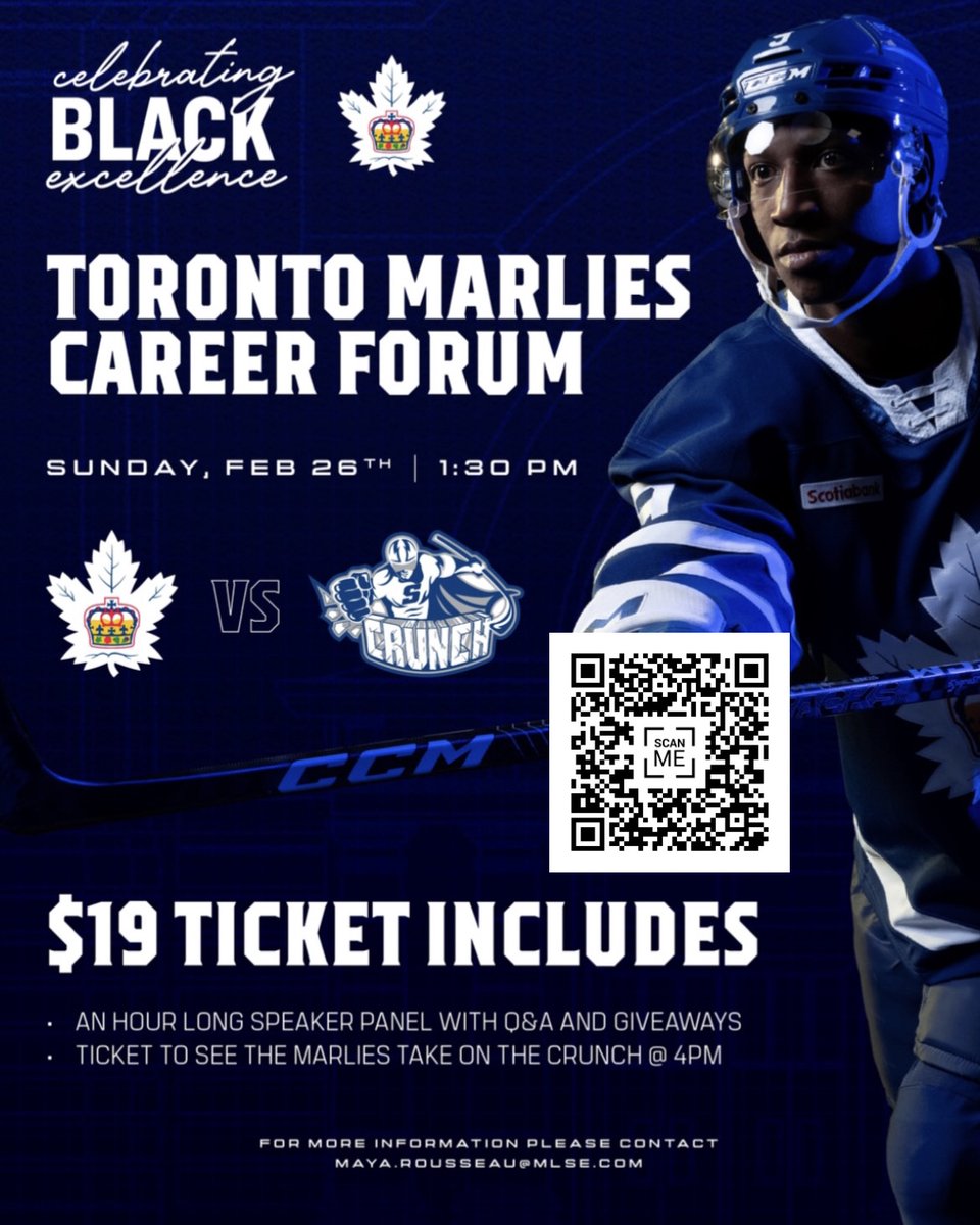 This Black History Month, the Toronto Marlies are offering a Black Excellence Career Forum. Scan the QR code for tickets.