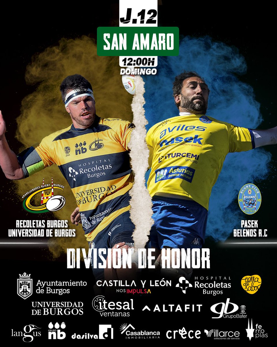 🏉 Este domingo juegan los otros hijos del frío ... <a href="/RugbyAparejos/">Recoletas Burgos - Caja Rural</a>
🆚 
<a href="/BelenosClub/">Belenos Rugby Club</a>

12 h en San Amaro 

⚽️ Entrada a 5€ con carné de socio del <a href="/Burgos_CF/">Burgos Club de Fútbol</a>

💛🖤💛🤍